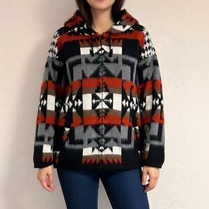 Vintage Ecuadorian 100% Wool Hooded Zip-Up Jacket Size Medium Geometric Pattern